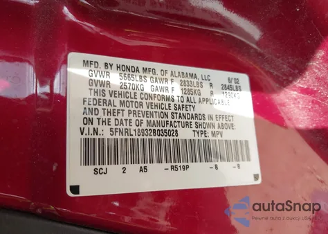 2002 Honda Odyssey Ex-L z USA, uszkodzony, nr VIN 5FNRL18932B035028